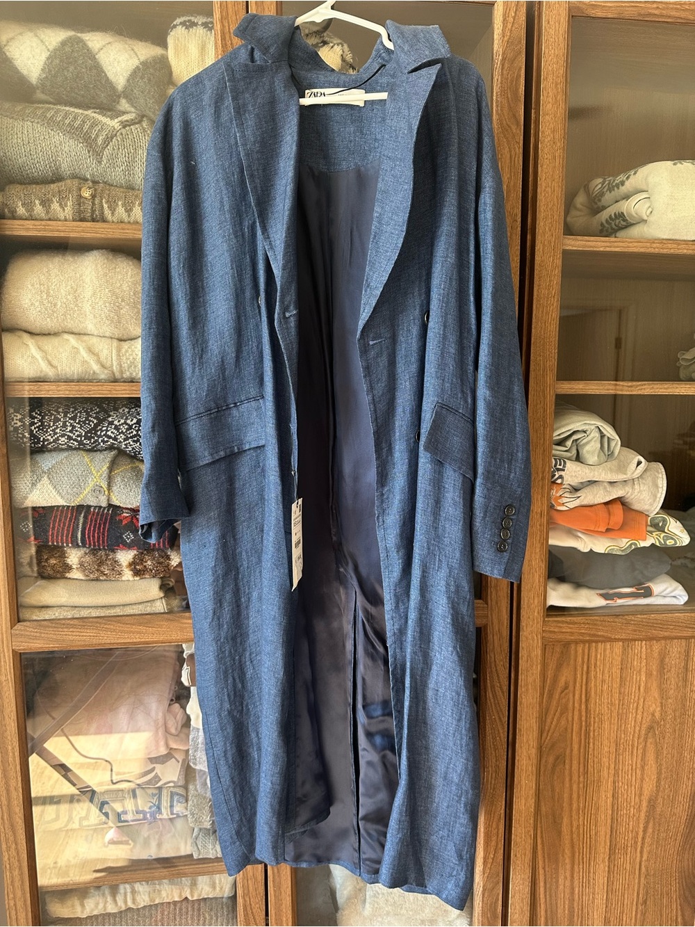 Zara Blue Denim Long Trench Coat